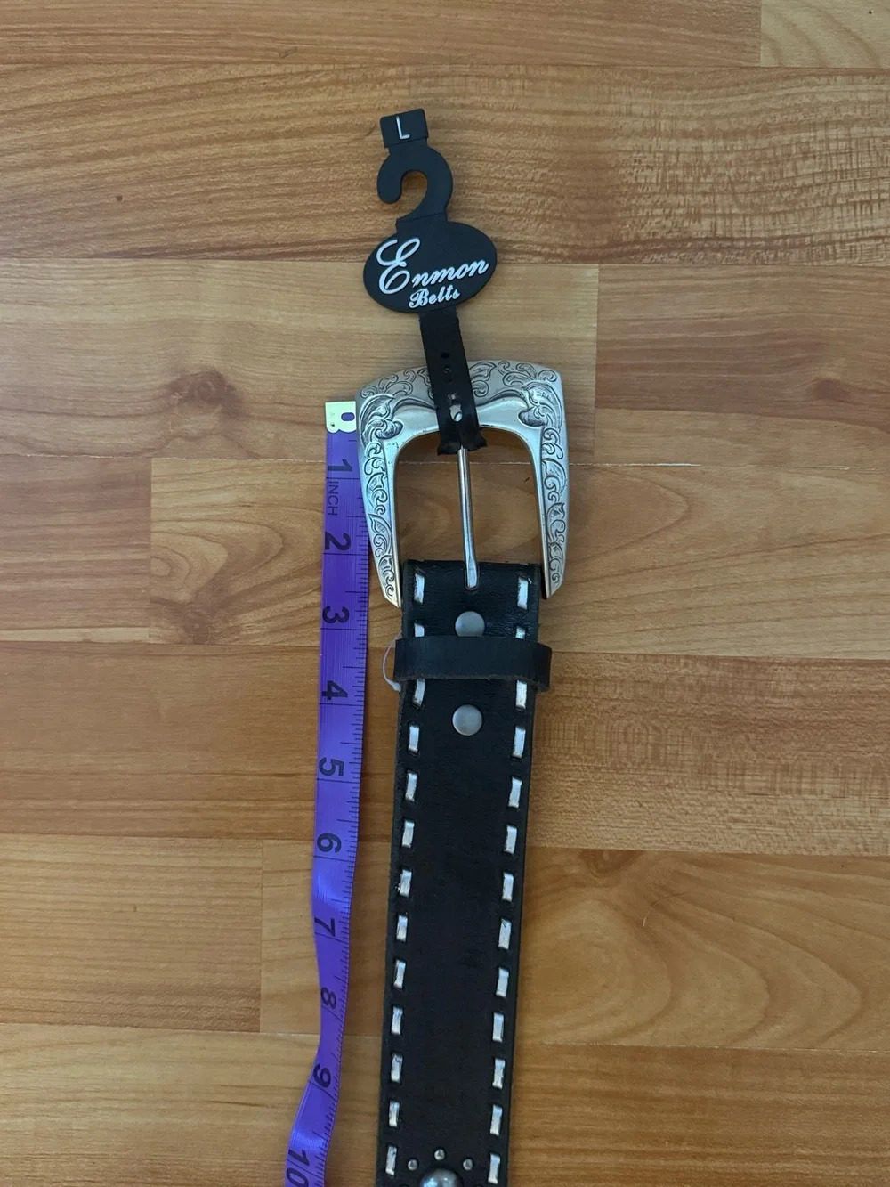 Enmon Belts - Women’s Black Leather Belt with Engraved Silver Buckle Size Large